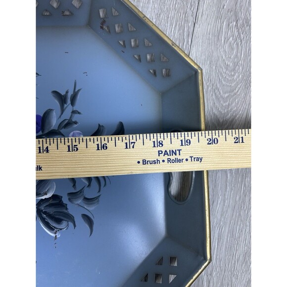 Vintage Blue Metal Nashco Tole Ware Tray Gold Trim Purple Flowers Hand Painted - Picture 5 of 10